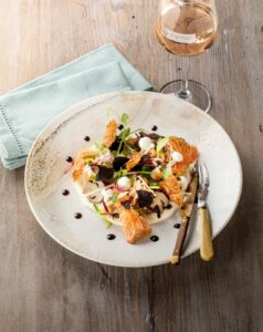 Duo de Langoustines et crème de foie gras sur carpaccio de pleurotes royales